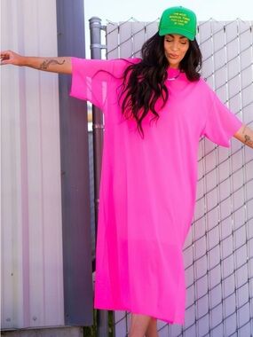 Dressed in LaLa Karma Oversized Mesh Dress + Slip in Electric Pink